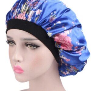 Blue Floral Print Satin Silky Hair Bonnet with Elastic Band (Never W…